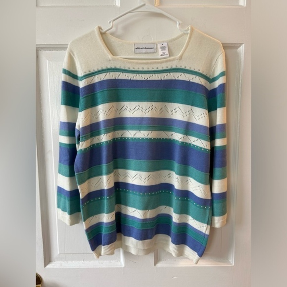 Women’s Alfred Dunner Sweater Sz Small Sqaure Neck 3/4 Sleeve Blue Teal Cream